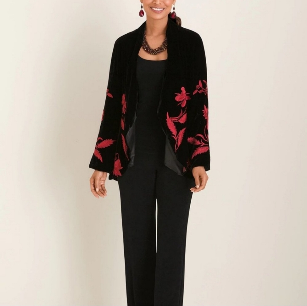 Chico's Travelers Velvet Embroidered Kimono Jacket Topper Black Size 1 (8 / 10)
